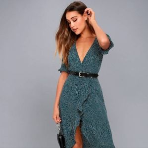 Mystified Forest Green Polka Dot High-Low Wrap Dress